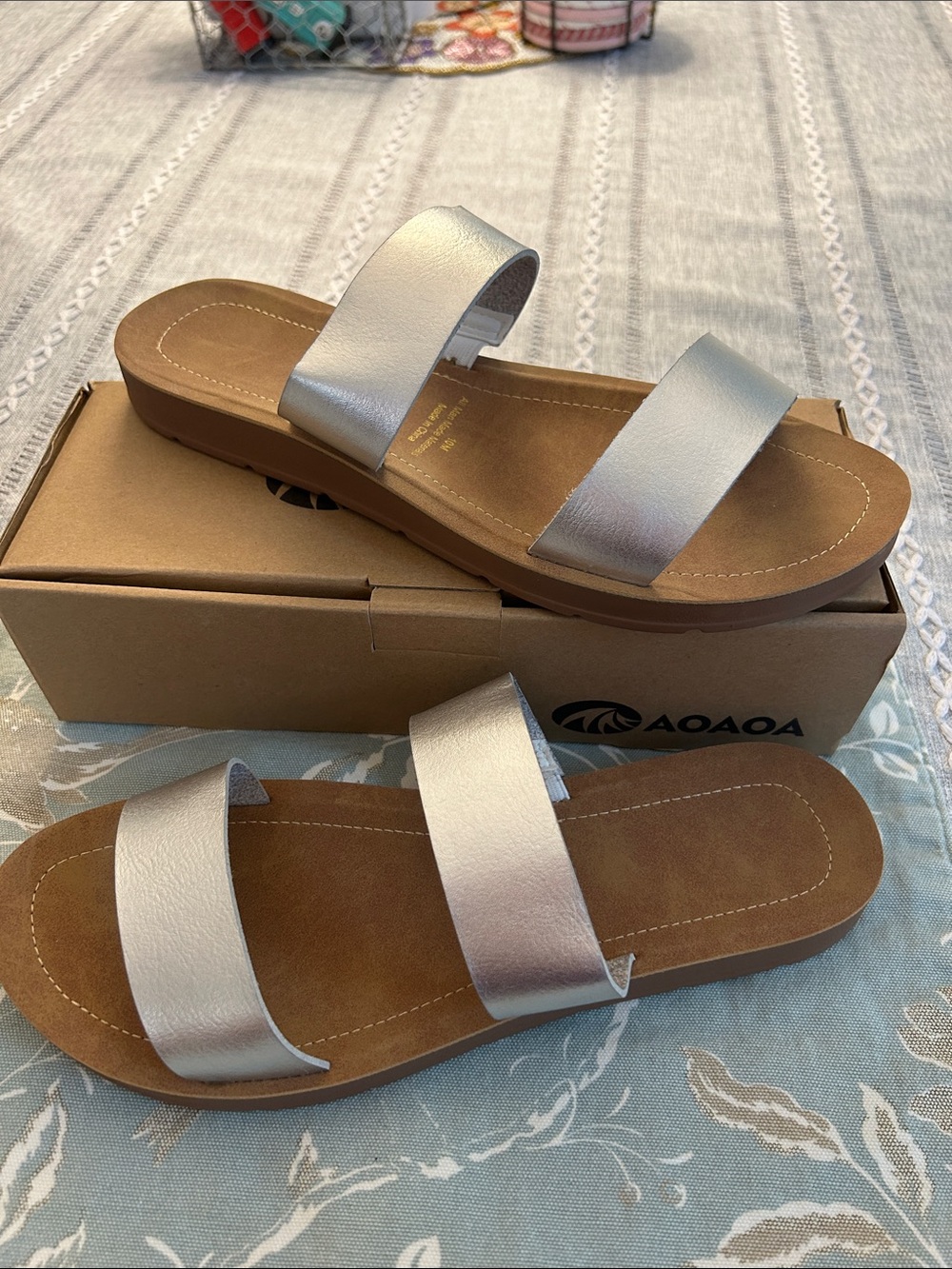 Metallic Silver Double-Strap Slide Sandals for Women